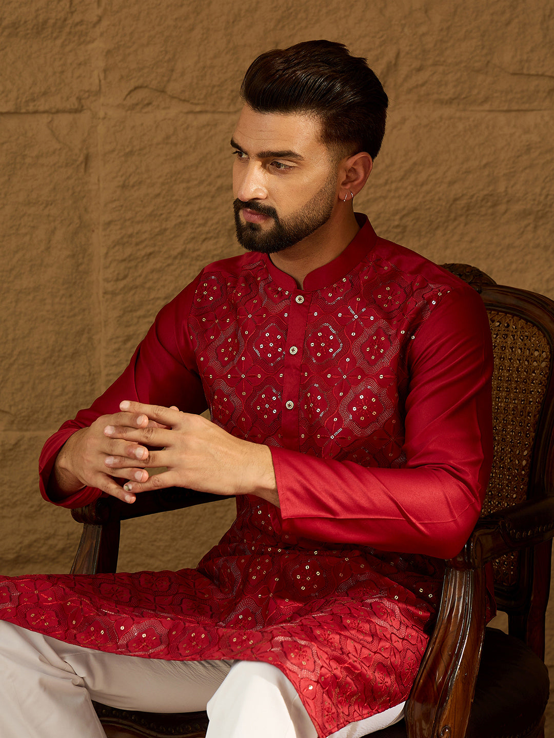 Ethnic Bay Men Maroon Silk Blend Solid Embroidered Straight Kurta-MKU1472