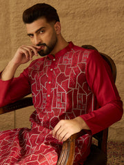 Ethnic Bay Men Maroon Silk Blend Solid Embroidered Straight Kurta-MKU1473