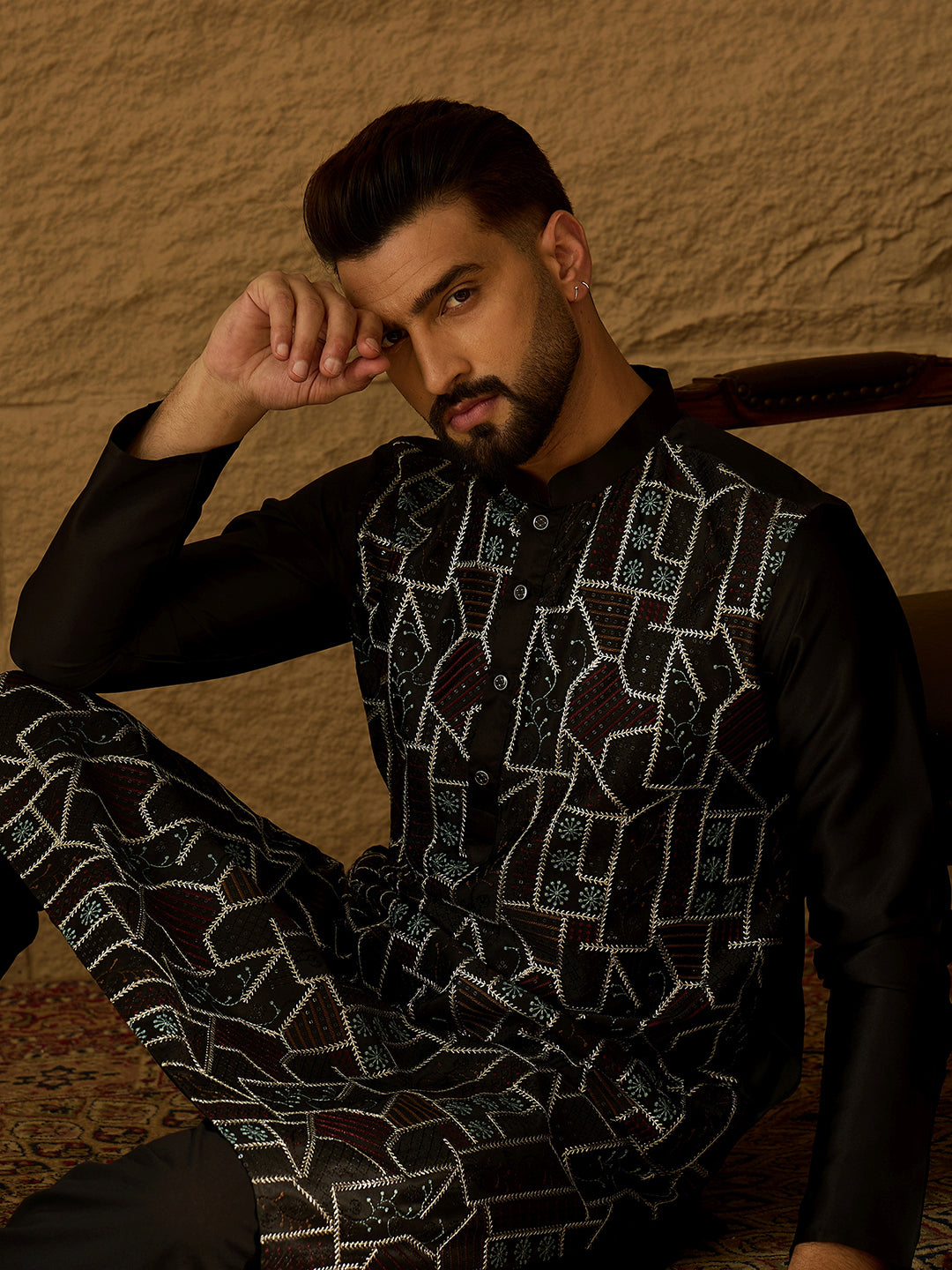 Ethnic Bay Men Black Silk Blend Solid Embroidered Straight Kurta-MKU1474