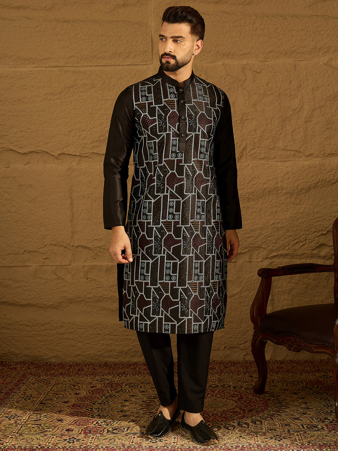 Ethnic Bay Men Black Silk Blend Solid Embroidered Straight Kurta-MKU1474