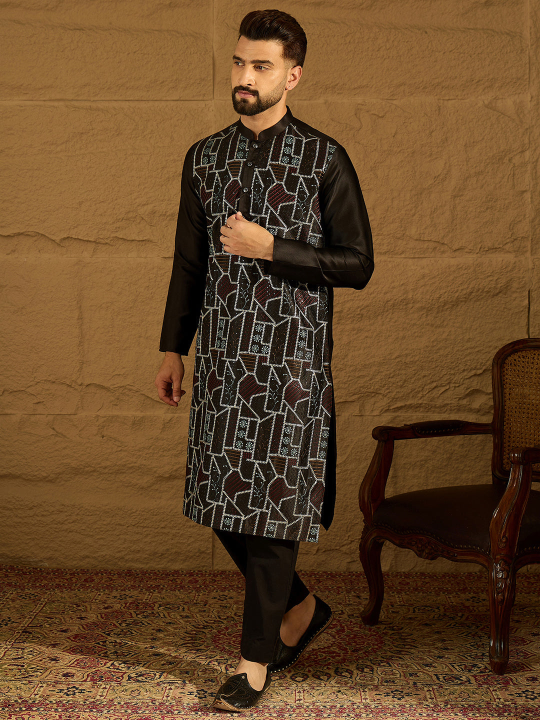 Ethnic Bay Men Black Silk Blend Solid Embroidered Straight Kurta-MKU1474