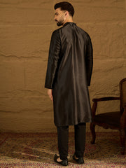 Ethnic Bay Men Black Silk Blend Solid Embroidered Straight Kurta-MKU1474