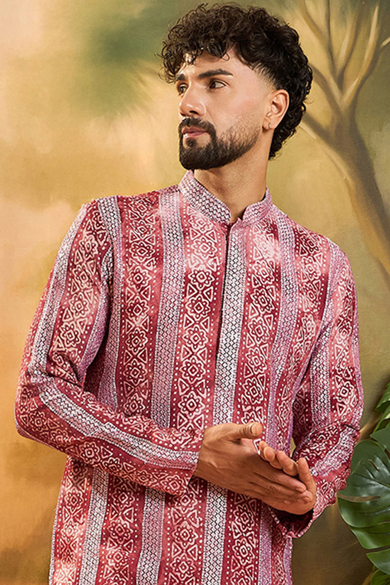 Red Viscose Rayon Batik Embroidered Straight Kurta MKU1482