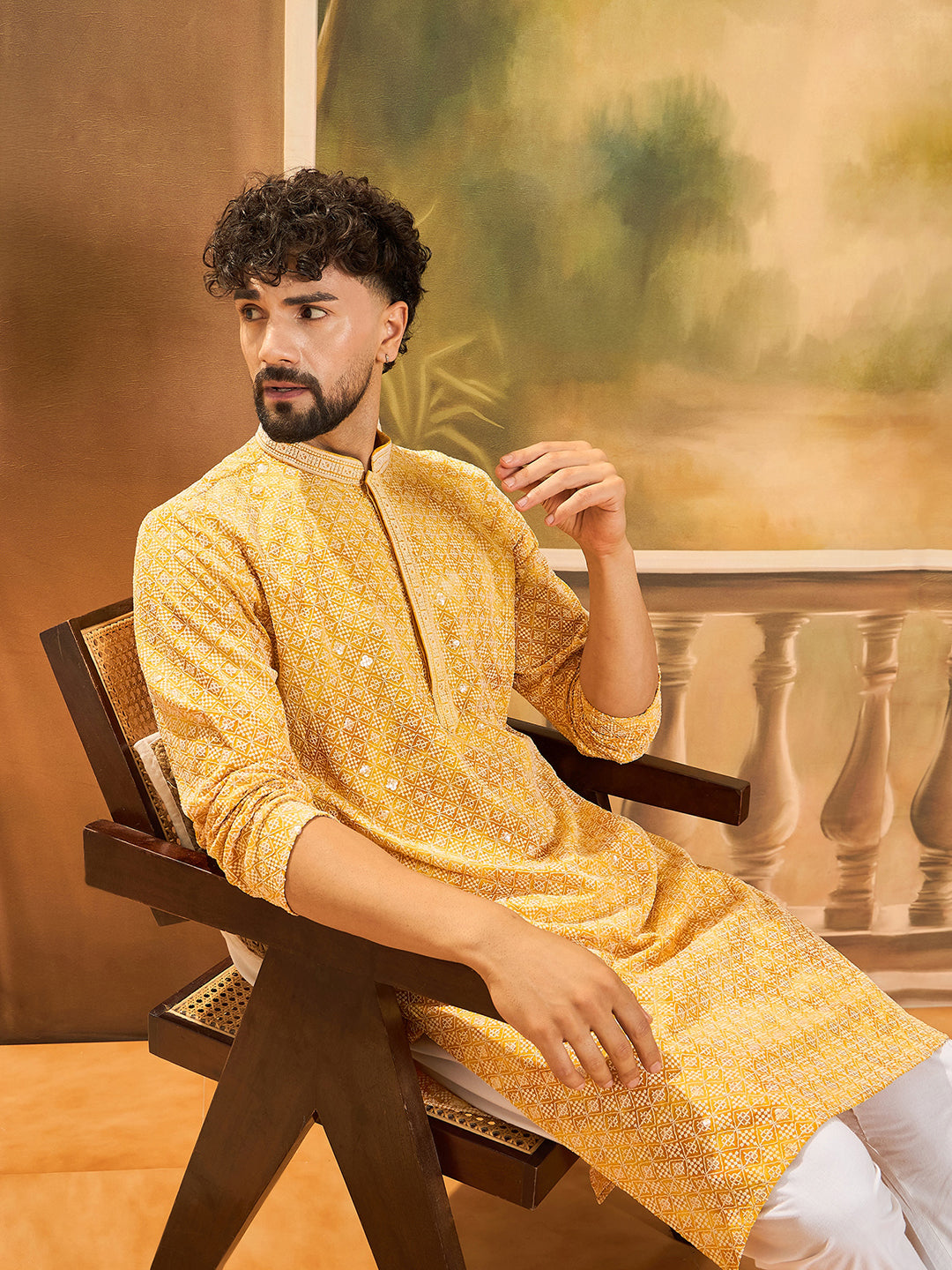 Ethnic Bay Men Yellow Viscose Rayon Shibori Embroidered Straight Kurta with Trouser-MKSET1483