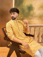 Ethnic Bay Men Yellow Viscose Rayon Shibori Embroidered Straight Kurta with Trouser-MKSET1483