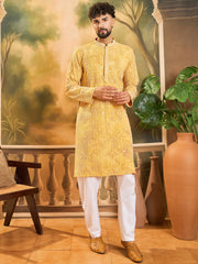 Ethnic Bay Men Yellow Viscose Rayon Shibori Embroidered Straight Kurta with Trouser-MKSET1483
