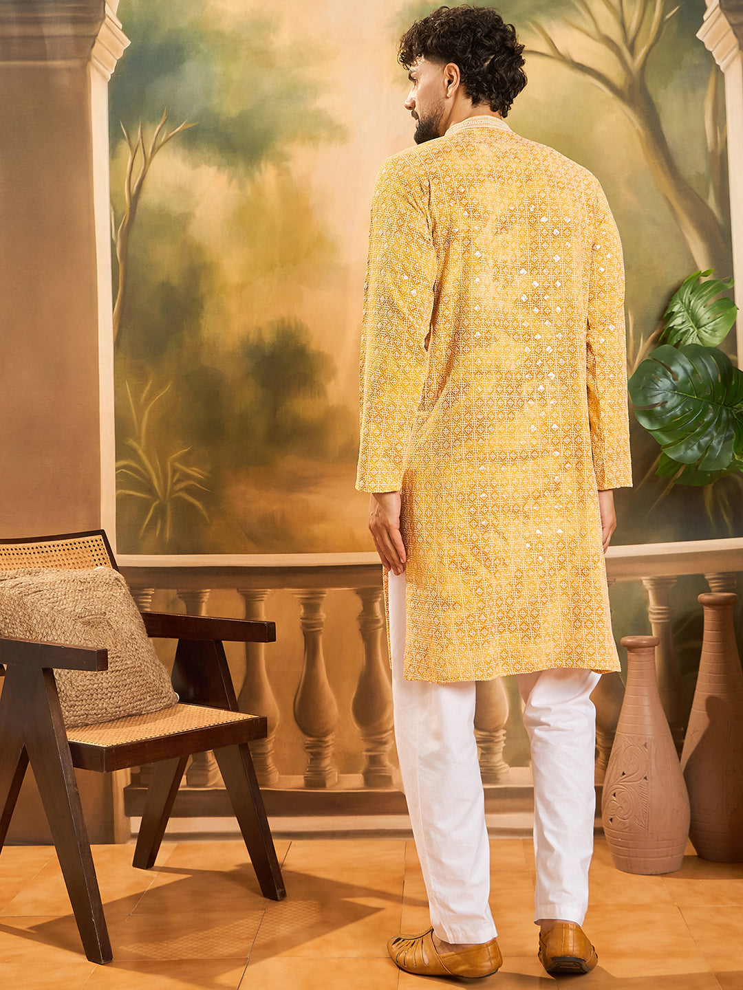 Ethnic Bay Men Yellow Viscose Rayon Shibori Embroidered Straight Kurta with Trouser-MKSET1483
