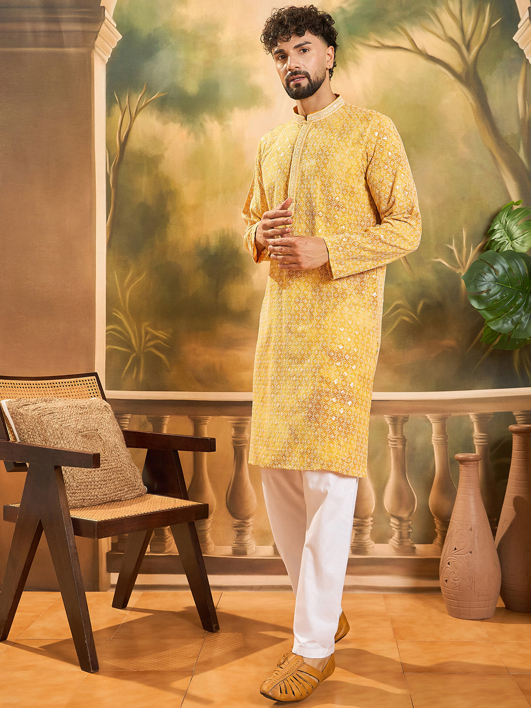 Ethnic Bay Men Yellow Viscose Rayon Shibori Embroidered Straight Kurta with Trouser-MKSET1483