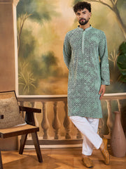 Ethnic Bay Men Green Viscose Rayon Shibori Embroidered Straight Kurta with Trouser-MKSET1485