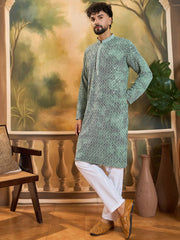 Ethnic Bay Men Green Viscose Rayon Shibori Embroidered Straight Kurta with Trouser-MKSET1485