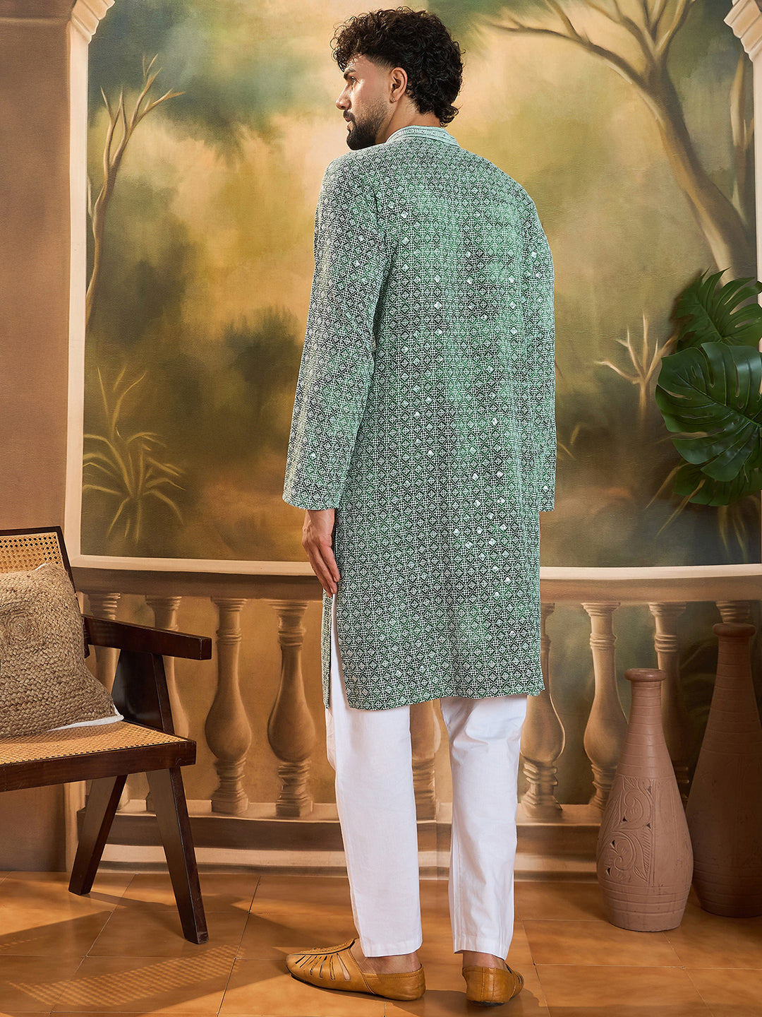 Ethnic Bay Men Green Viscose Rayon Shibori Embroidered Straight Kurta with Trouser-MKSET1485