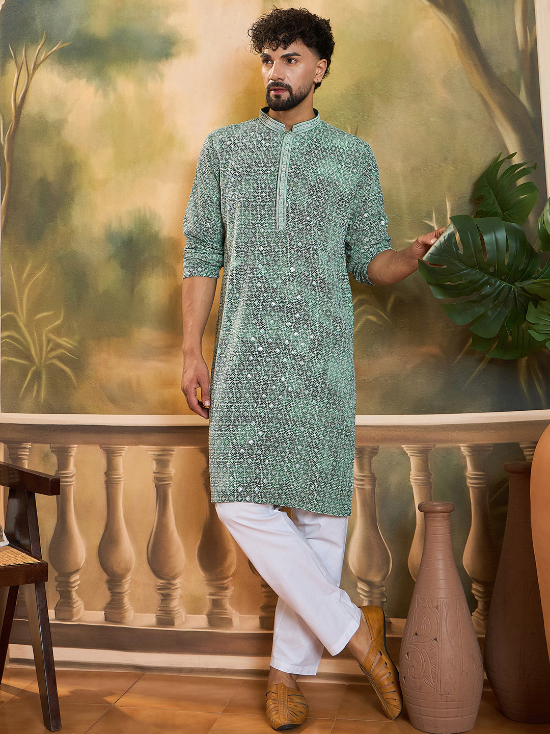 Ethnic Bay Men Green Viscose Rayon Shibori Embroidered Straight Kurta with Trouser-MKSET1485