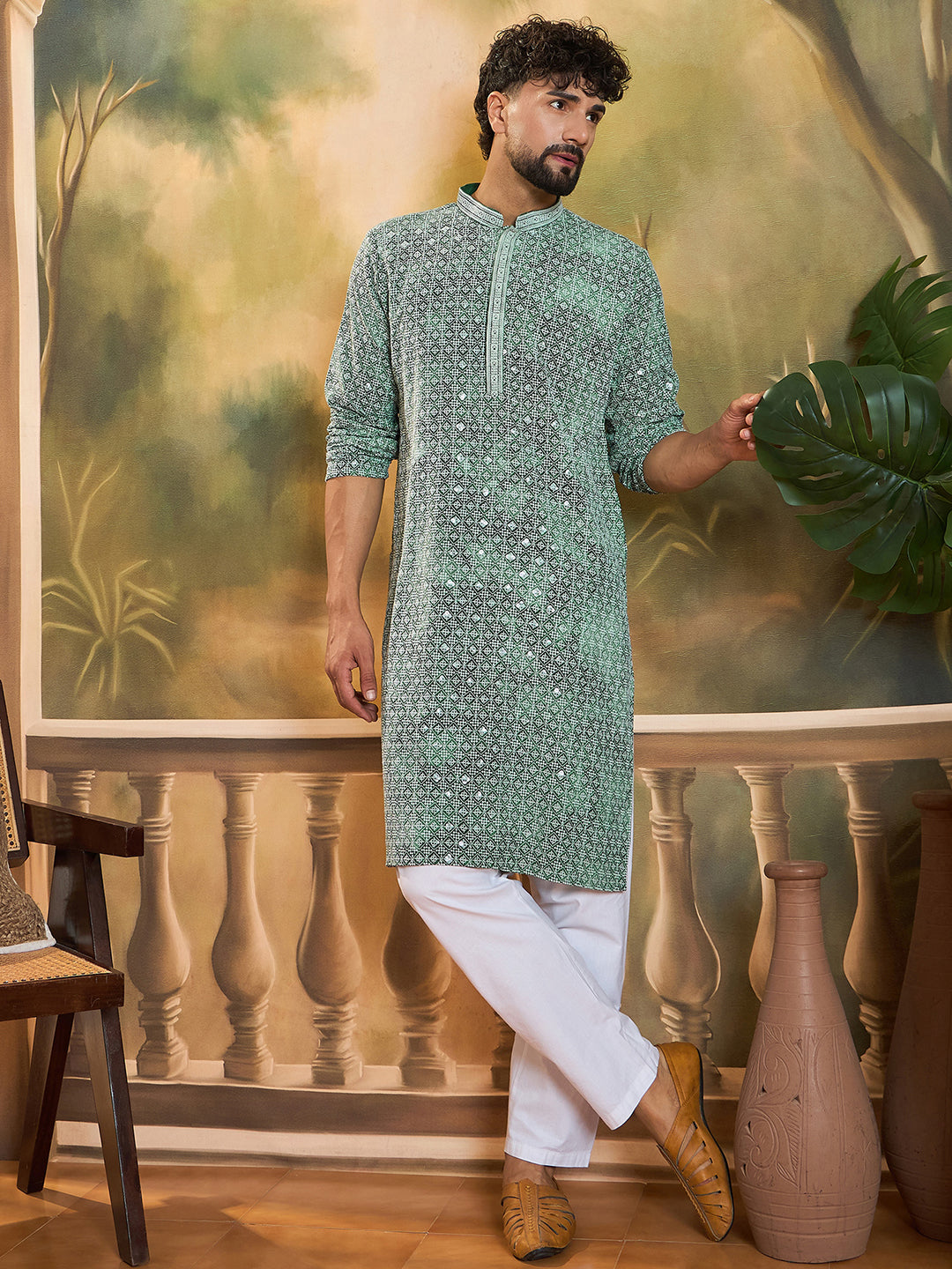 Ethnic Bay Men Green Viscose Rayon Shibori Embroidered Straight Kurta with Trouser-MKSET1485