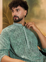 Ethnic Bay Men Green Viscose Rayon Shibori Embroidered Straight Kurta with Trouser-MKSET1485
