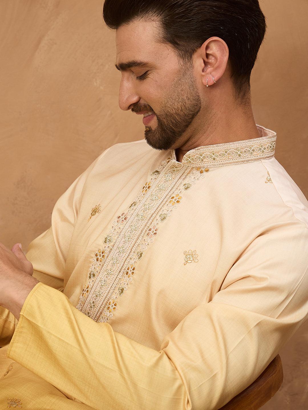 Ethnic Bay Men Yellow Silk Blend Solid Embroidered Straight Kurta-MKU1486