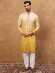 Ethnic Bay Men Yellow Silk Blend Solid Embroidered Straight Kurta-MKU1486