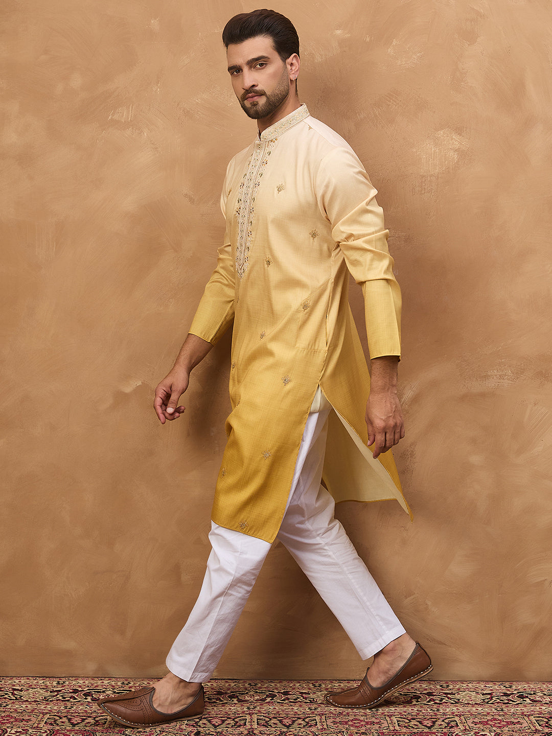 Ethnic Bay Men Yellow Silk Blend Solid Embroidered Straight Kurta-MKU1486