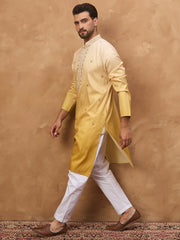Ethnic Bay Men Yellow Silk Blend Solid Embroidered Straight Kurta-MKU1486