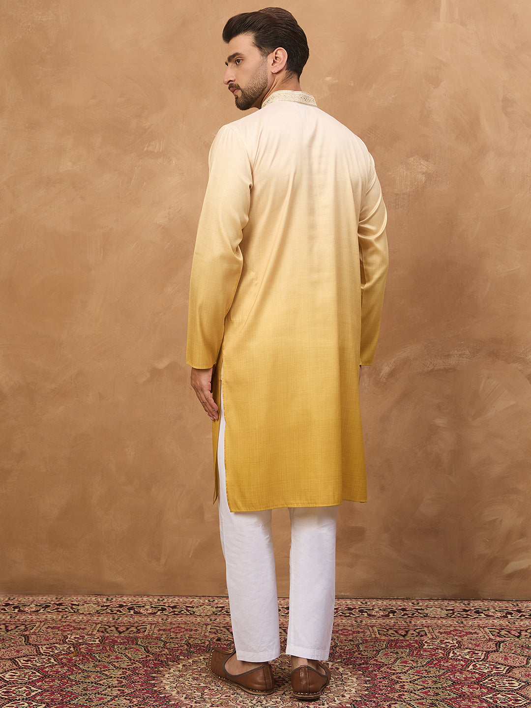 Ethnic Bay Men Yellow Silk Blend Solid Embroidered Straight Kurta-MKU1486