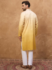 Ethnic Bay Men Yellow Silk Blend Solid Embroidered Straight Kurta-MKU1486