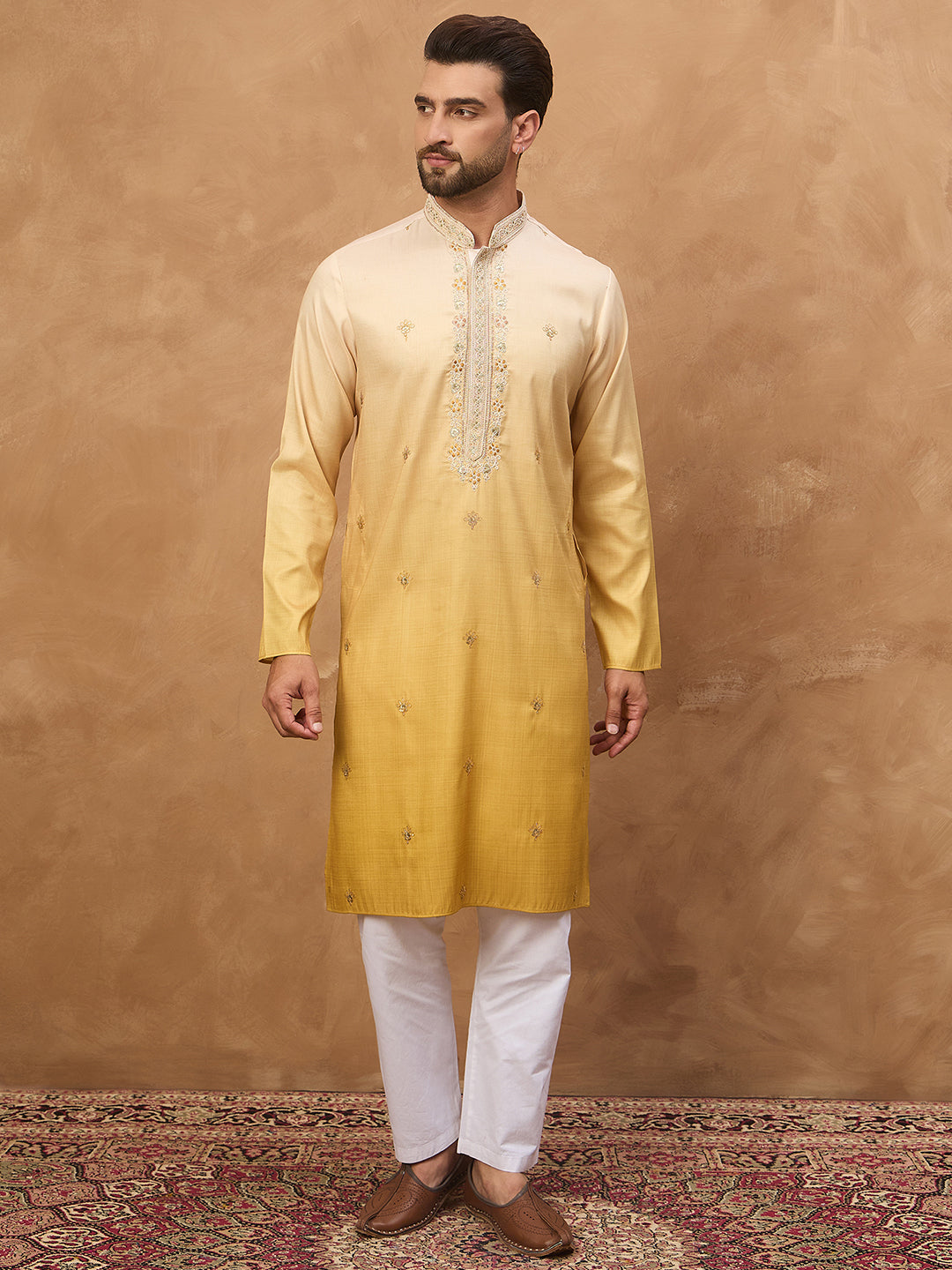 Ethnic Bay Men Yellow Silk Blend Solid Embroidered Straight Kurta-MKU1486