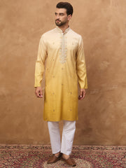 Ethnic Bay Men Yellow Silk Blend Solid Embroidered Straight Kurta-MKU1486
