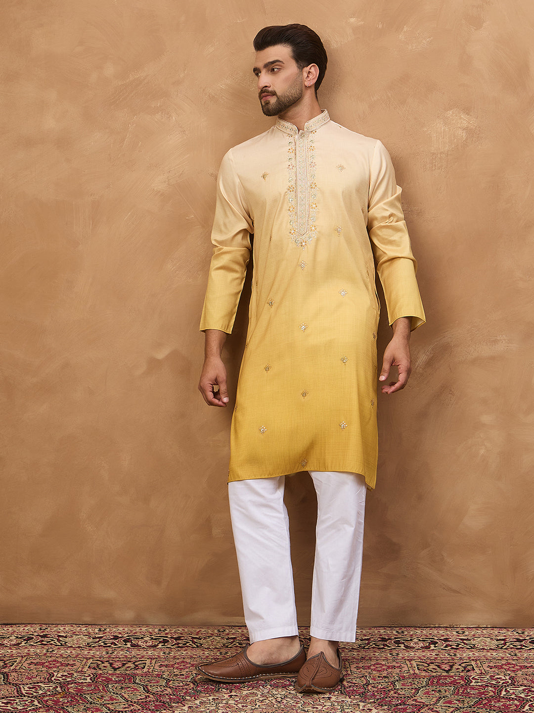Ethnic Bay Men Yellow Silk Blend Solid Embroidered Straight Kurta-MKU1486