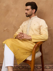Ethnic Bay Men Yellow Silk Blend Solid Embroidered Straight Kurta-MKU1486