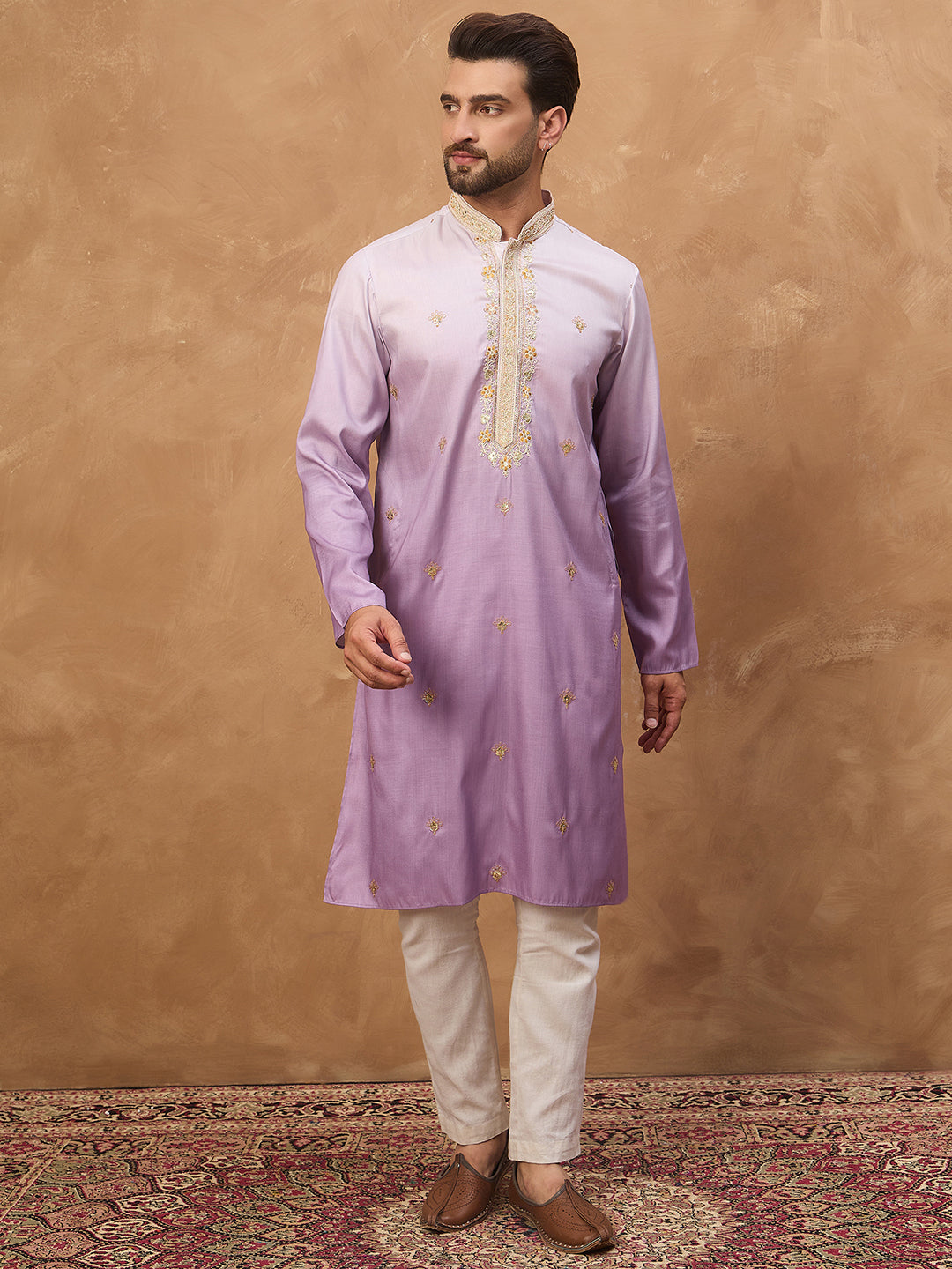 Ethnic Bay Men Purple Silk Blend Solid Embroidered Straight Kurta-MKU1487