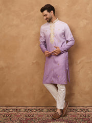 Ethnic Bay Men Purple Silk Blend Solid Embroidered Straight Kurta-MKU1487
