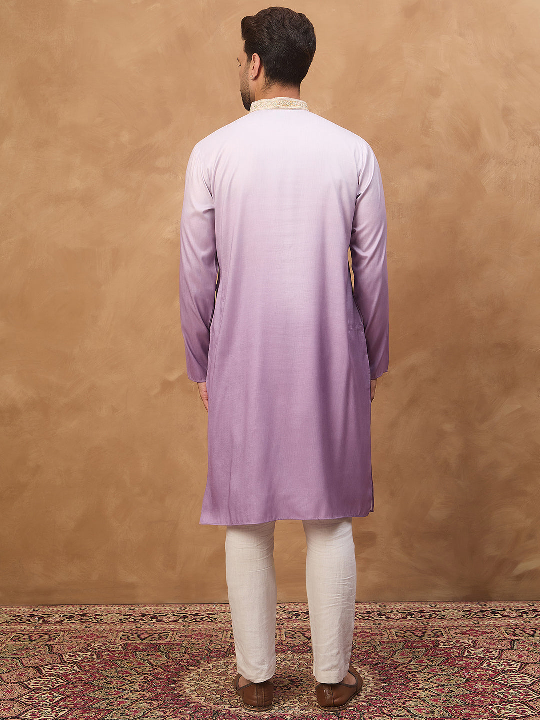 Ethnic Bay Men Purple Silk Blend Solid Embroidered Straight Kurta-MKU1487
