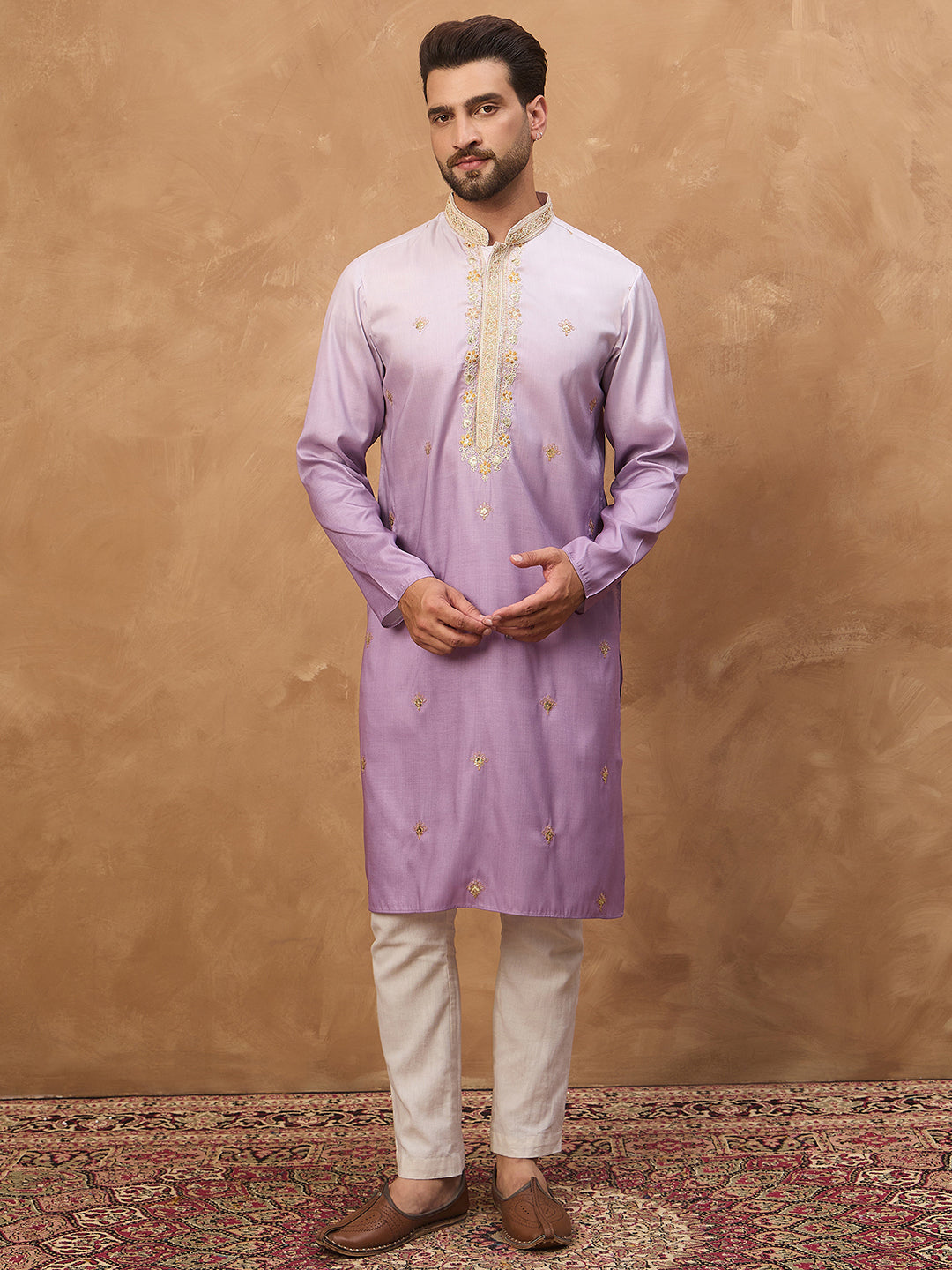 Ethnic Bay Men Purple Silk Blend Solid Embroidered Straight Kurta-MKU1487