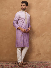 Ethnic Bay Men Purple Silk Blend Solid Embroidered Straight Kurta-MKU1487