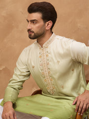 Ethnic Bay Men Green Silk Blend Solid Embroidered Straight Kurta-MKU1488