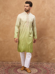 Ethnic Bay Men Green Silk Blend Solid Embroidered Straight Kurta-MKU1488