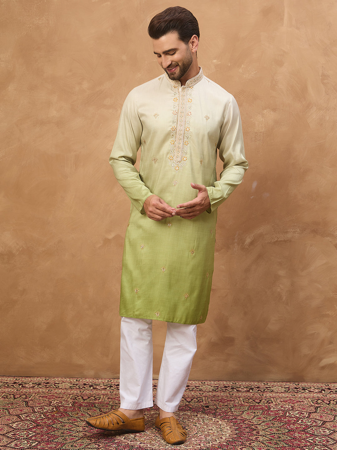 Ethnic Bay Men Green Silk Blend Solid Embroidered Straight Kurta-MKU1488