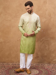 Ethnic Bay Men Green Silk Blend Solid Embroidered Straight Kurta-MKU1488