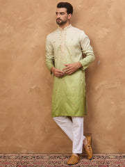 Ethnic Bay Men Green Silk Blend Solid Embroidered Straight Kurta-MKU1488