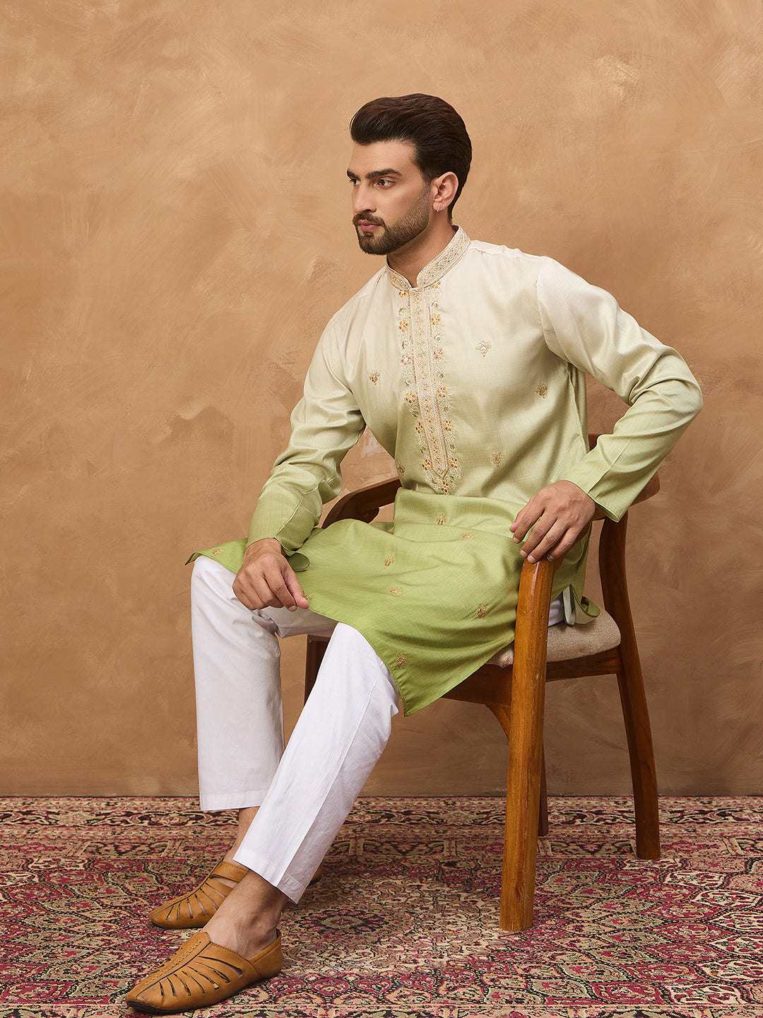 Ethnic Bay Men Green Silk Blend Solid Embroidered Straight Kurta-MKU1488