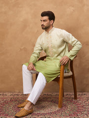 Ethnic Bay Men Green Silk Blend Solid Embroidered Straight Kurta-MKU1488