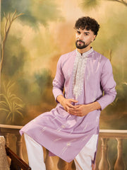 Ethnic Bay Men Lavender Silk Blend Solid Embroidered Straight Kurta with Trouser-MKSET1489
