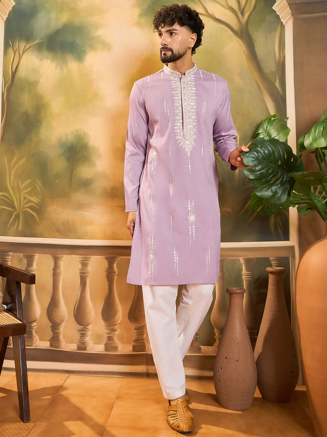 Ethnic Bay Men Lavender Silk Blend Solid Embroidered Straight Kurta with Trouser-MKSET1489
