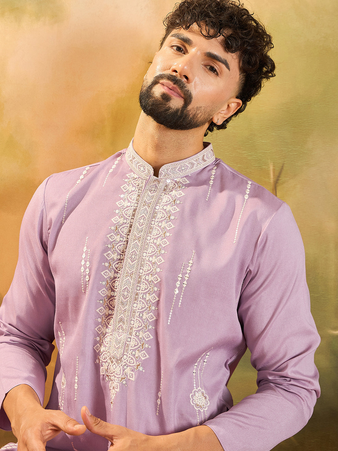 Ethnic Bay Men Lavender Silk Blend Solid Embroidered Straight Kurta with Trouser-MKSET1489