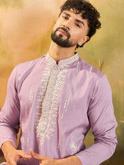 Ethnic Bay Men Lavender Silk Blend Solid Embroidered Straight Kurta with Trouser-MKSET1489