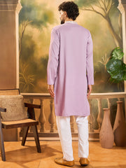 Ethnic Bay Men Lavender Silk Blend Solid Embroidered Straight Kurta with Trouser-MKSET1489