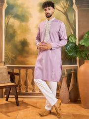 Ethnic Bay Men Lavender Silk Blend Solid Embroidered Straight Kurta with Trouser-MKSET1489