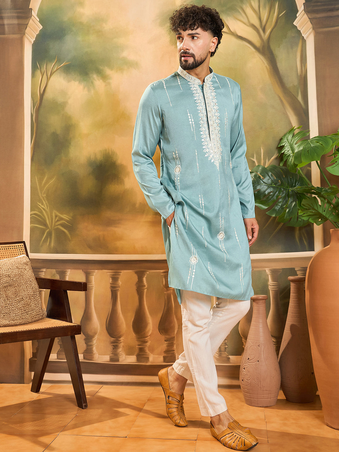 Ethnic Bay Men Blue Silk Blend Solid Embroidered Straight Kurta with Trouser-MKSET1490