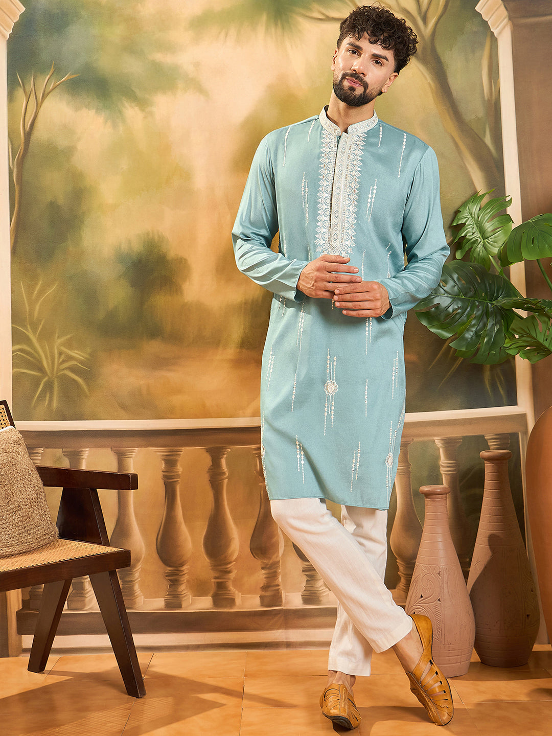 Ethnic Bay Men Blue Silk Blend Solid Embroidered Straight Kurta with Trouser-MKSET1490