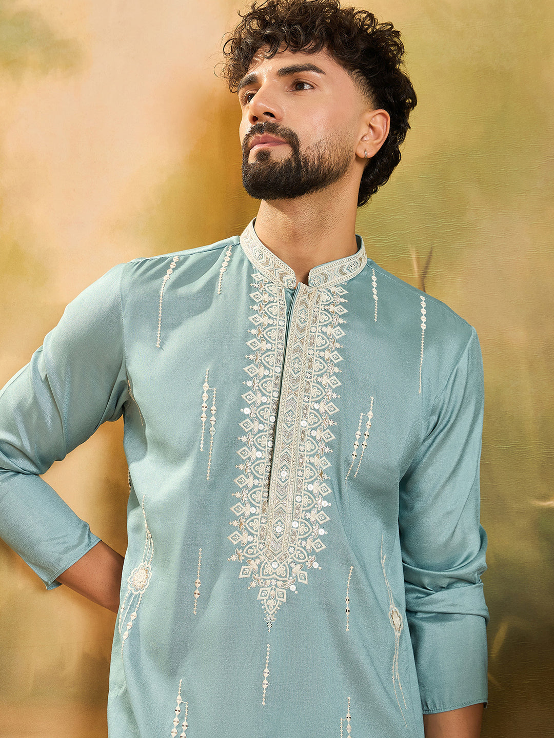Ethnic Bay Men Blue Silk Blend Solid Embroidered Straight Kurta with Trouser-MKSET1490