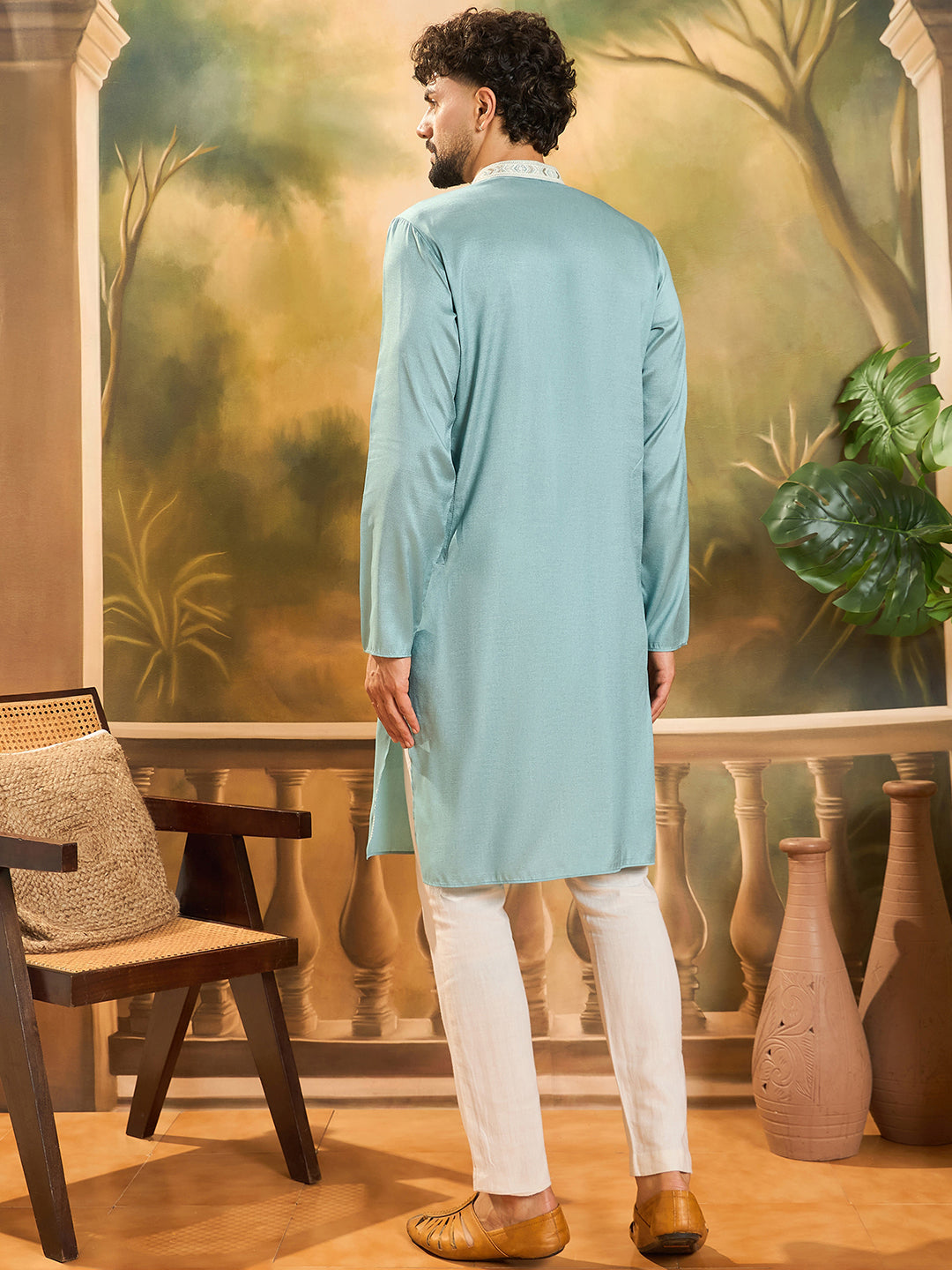 Ethnic Bay Men Blue Silk Blend Solid Embroidered Straight Kurta with Trouser-MKSET1490